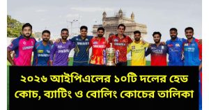 ২০২৬ আইপিএলের ১০টি দলের হেড কোচ, ব্যাটিং ও বোলিং কোচের তালিকা | 2026 IPL 10 Teams Head Coache, Batting & Bowling Coaches List